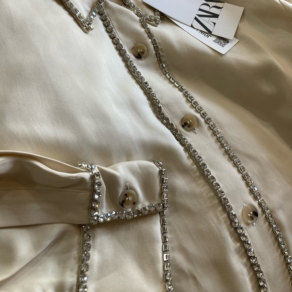 ZARA Limited Edition Bejewelled Cream Button Down Shirt - Picture 4 of 8